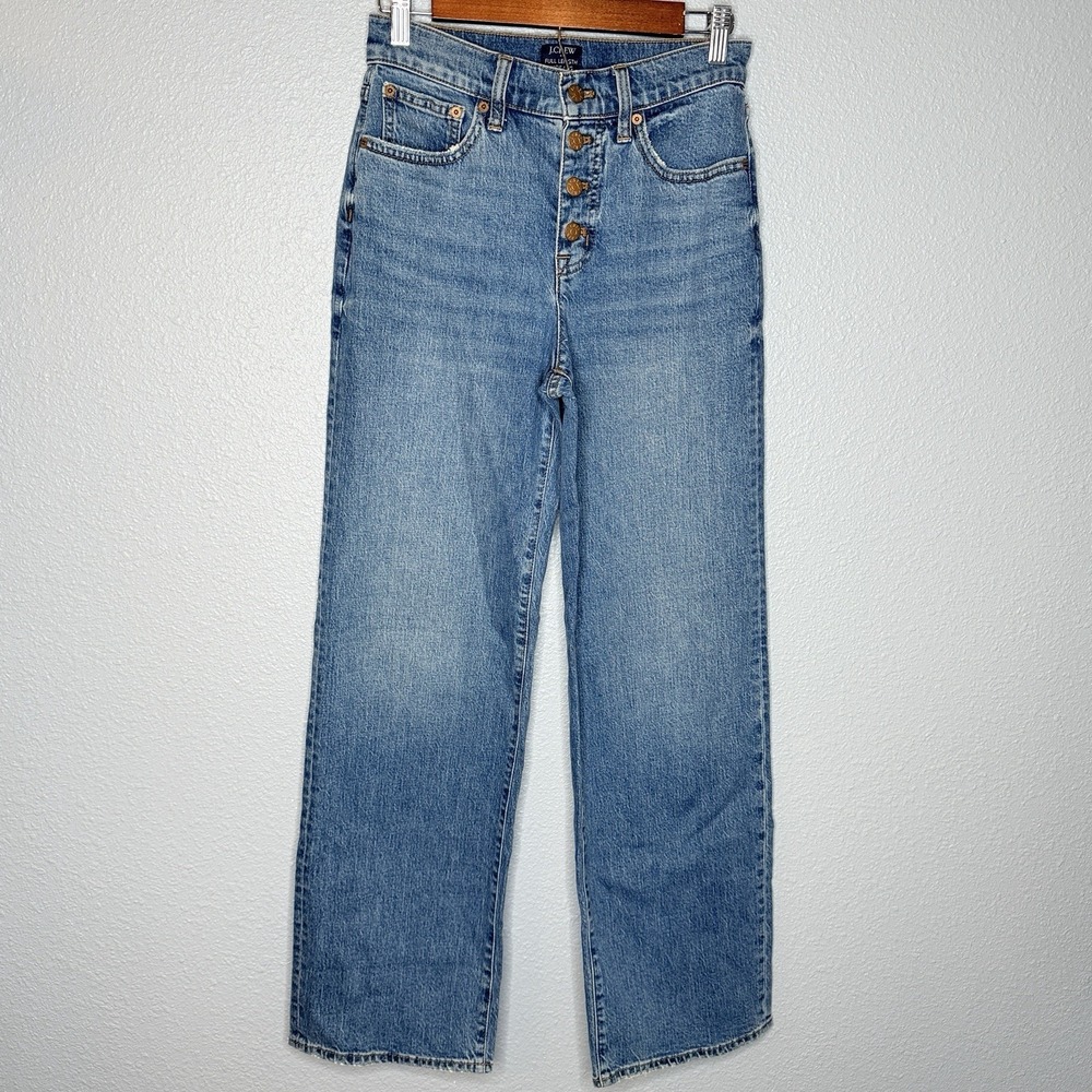 J Crew Full Length Wide Leg Jeans 25 Button Fly High Rise Stretch Denim Blue